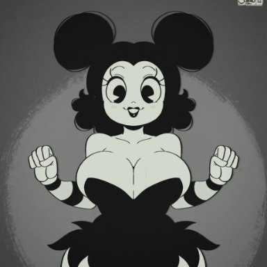 original character, sally mcboing, joaoppereiraus, 1female, 1girl, 1girls, 5 fingers, bare shoulders, big breasts, black dress, black eyes, black hair, black lipstick, bouncing breasts, breast focus