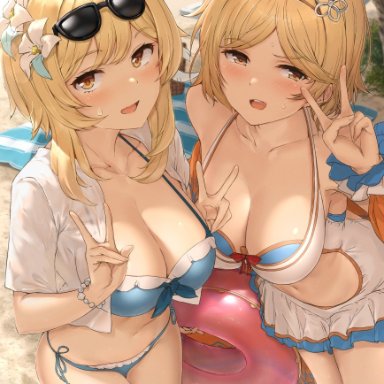 genshin impact, granblue fantasy, djeeta (granblue fantasy), lumine (genshin impact), akita hika, 2girls, beach, breasts, eyewear on head, sunglasses, sunglasses on head, swimsuit, thick thighs, crossover, tagme