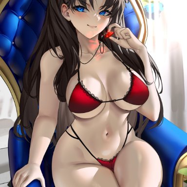 fate/stay night, fate (series), tohsaka rin, enmanuelart20, 1girls, alternate breast size, blue eyes, bra, breasts, brown hair, female, female only, hips, huge breasts, looking at viewer