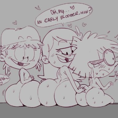 the loud house, lana loud, lisa loud, lola loud, dop, 3girls, aged up, ass, big ass, fat ass, huge ass, large ass, naked, nude, monochrome