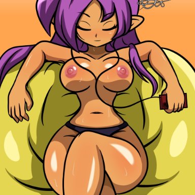 shantae, shantae (character), lanzort1, 1girls, areolae, big breasts, bottomwear, breasts, cleavage, closed eyes, curvaceous, curvy, earbuds, female, female only