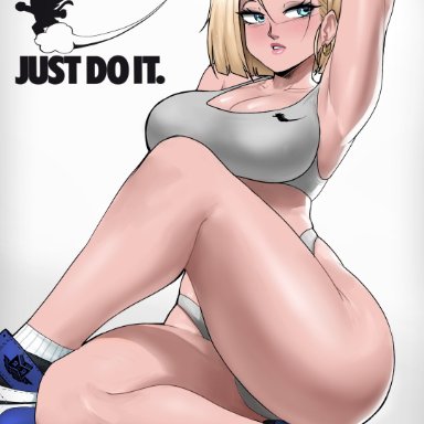 dragon ball, android 18, echosaber, 1girl, arms up, bare legs, big ass, big breasts, blonde hair, blue eyes, ear piercing, earrings, female, hand behind head, knee up