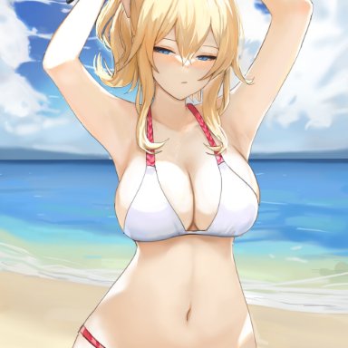 genshin impact, jean (genshin impact), jean gunnhildr, dolri, 1girls, armpit, armpits, arms up, beach, belly, belly button, big breasts, blonde hair, blush, blushing