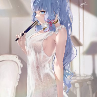 genshin impact, kamisato ayaka, 1girls, big breasts, blue hair, breasts, female only, gorgeous, looking at viewer, revealing clothes, samurai, silver hair, solo, transparent clothing, tagme