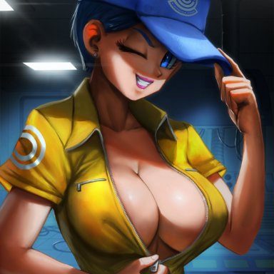 dragon ball, dragon ball super, bulma briefs, elitenappa, 1girls, big breasts, blue eyes, blue hair, breasts, cleavage, ear piercing, female, female only, hat, indoors