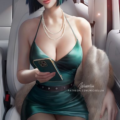 one-punch man, fubuki (one-punch man), wickellia, 1girls, bare shoulders, big breasts, blush, boots, breast, breasts, car, cleavage, clothed, clothing, coat