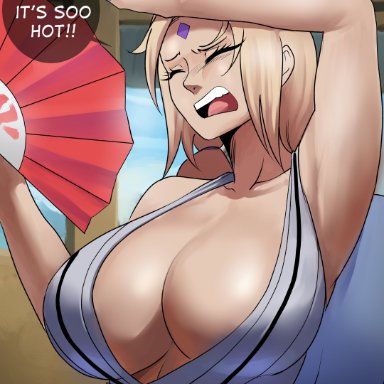 naruto, naruto (classic), naruto (series), naruto shippuden, shounen jump, tsunade, echosaber, 1female, 1girl, 1girls, arms up, big breasts, blonde hair, cleavage, erect nipples under clothes