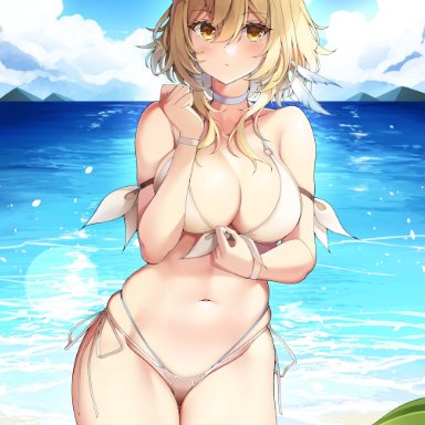 genshin impact, lumine (genshin impact), sob (submar1089), beach, breasts, cleavage, looking at viewer, swimsuit, tagme