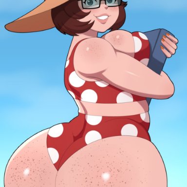 scooby-doo, velma dinkley, truewaifu, 1girls, ass, beach, big ass, big breasts, big butt, book, breasts, brown hair, cleavage, female, female only