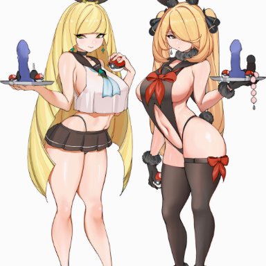 nintendo, pokemon, pokemon dppt, pokemon sm, cynthia (pokemon), lusamine (pokemon), lamsass, 2girls, alternate breast size, alternate hairstyle, blonde hair, breasts, bunny ears, bunny girl, bunny tail