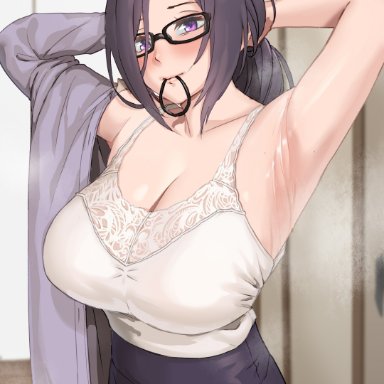 original, original character, kirinkirin, 1girls, armpit fetish, armpits, arms behind head, arms up, breasts, cleavage, clothed, clothed female, female, female only, glasses