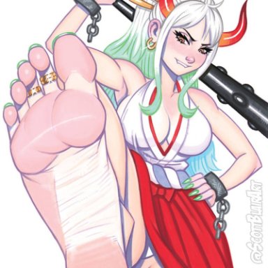 one piece, yamato (one piece), scott blair, earrings, feet, foot focus, gradient hair, green nails, green toenails, horns, nail polish, ring, shackles, toe ring, toenail polish