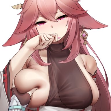 genshin impact, lumine (genshin impact), yae miko, animal ears, bangs, bare shoulders, breast grab, breasts, corset, covering mouth, deep skin, earrings, eyebrows visible through hair, female, fox ears