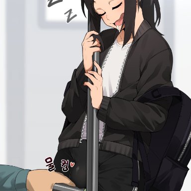 original character, ain(in), in (ain), 1boy, bulge, bulge through clothing, clothed, clothing, femboy, male, male only, ponytail, sleep molestation, sleeping, subway