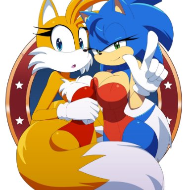 sega, sonic (series), sonic the hedgehog, sonique the hedgehog, tails, tailsko, kojiro-brushard, 2girls, big breasts, breasts, bunnysuit, female, linegutter, looking at viewer, red bunnysuit