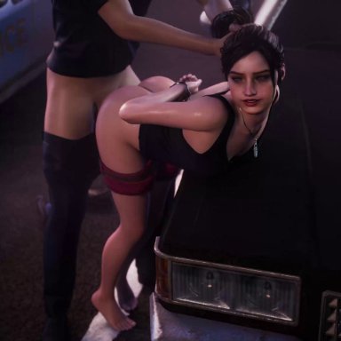 resident evil, claire redfield, lerico213, oolay-tiger, pewposterous, athletic female, barefoot, brunette, car, car hood, cuffs, doggy style, from behind, half-dressed, handcuffs