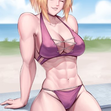 naruto, naruto (series), naruto shippuden, tsunade, speedl00ver, 1girls, abs, adapted costume, alternate hairstyle, arm support, big breasts, bikini, breasts, clavicle, collarbone