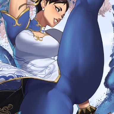 capcom, street fighter, street fighter 6, chun-li, echosaber, 1girls, breasts, brown eyes, brown hair, china dress, cleavage, clothed, clothed female, female, hips