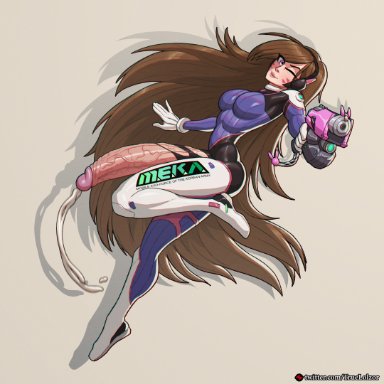 overwatch, d.va (cosplay), original character, truelolzor, 1futa, big breasts, bodysuit, breasts, brown hair, clothed, clothing, cosplay, cum, ejaculation, erection