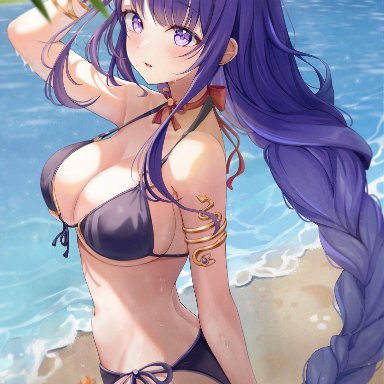 genshin impact, raiden shogun, 1girls, ass, beach, bikini, blush, breasts, curvy, female, large breasts, looking at viewer, milf, purple eyes, purple hair