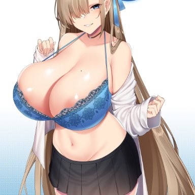 blue archive, asuna (blue archive), chixiao, 1girls, areola slip, areolae, beauty mark, blonde hair, blue eyes, bra, breasts, choker, cleavage, female, female only