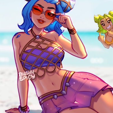 league of legends, riot games, ocean song zeri, zeri (league of legends), blushypixy, adjusting eyewear, adjusting glasses, adjusting sunglasses, bikini, blonde hair, blue hair, female, female focus, female only, glasses