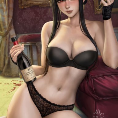 spy x family, yor briar, yor forger, sciamano240, 1girls, against surface, alcoholic drink, bangs, bare arms, bare shoulders, bare skin, bare thighs, big breasts, black bra, black clothes