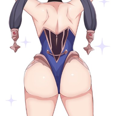 genshin impact, mona (genshin impact), djames, 1girls, ass, ass focus, back, back view, big ass, clothing, curvy, dark blue hair, dat ass, earrings, female