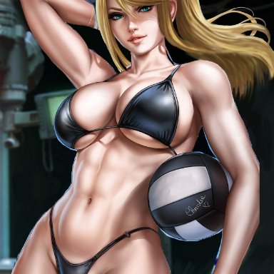 metroid, nintendo, samus aran, dandon fuga, abs, alternate costume, arm at side, arm behind head, background, ball, bangs, beachball, bikini, black bikini, blonde hair