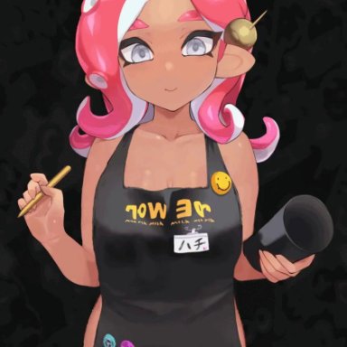 nintendo, splatoon, splatoon (series), splatoon 2, agent 8 (splatoon), octoling, octoling girl, jtveemo, 1girls, apron, ass expansion, bare shoulders, big breasts, blush, breast expansion