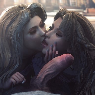 final fantasy, final fantasy vii, final fantasy vii remake, aerith gainsborough, ifalna, jjjjd, 1boy, 1male, 2girls, big balls, big penis, brown hair, casual, casual boner, casual erection