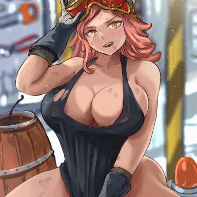 my hero academia, mei hatsume, arachnart, 1girls, breasts, dirt, female, female only, goggles, goggles on head, hat, hips, huge breasts, long hair, pink hair