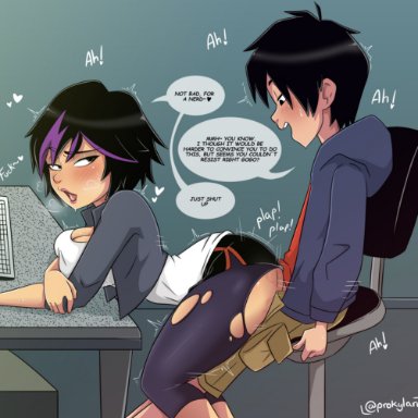 big hero 6, disney, gogo tomago, hiro hamada, prokylan, 1boy, 1girls, aged up, ass, big ass, big breasts, blush, breasts, clothed sex, dyed hair