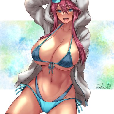 nintendo, pokemon, pokemon bw, pokemon bw2, gym leader, skyla (pokemon), takecha, 1girls, asymmetrical hair, bikini, blue bikini, blue eyes, blush, breasts, dark-skinned female