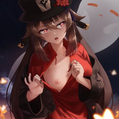 genshin impact, hu tao (genshin impact), chernyyvo, areolae, breasts, brown hair, flower shaped pupils, ghost, hat, nipples, one breast out, red eyes, revealing breasts, shorts, thighs