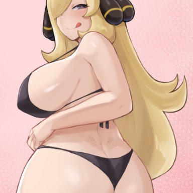 nintendo, pokemon, pokemon dppt, cynthia (pokemon), artsheops, 1girls, ass, bikini, black bikini, blonde hair, breasts, female, female only, hair ornament, hair over one eye