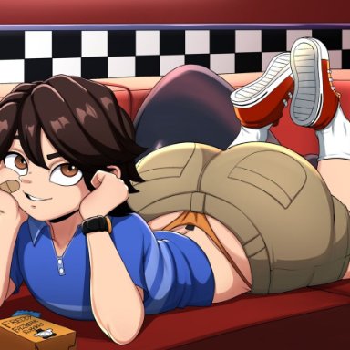 five nights at freddy's, freddy (fnaf), gregory (fnaf), blackwhiplash, big ass, blue shirt, brown eyes, brown hair, comdoms, femboy, gay, laying on stomach, legs up, looking at viewer, panties