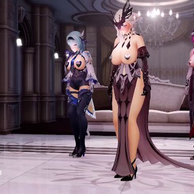 genshin impact, eula (genshin impact), rosaria (genshin impact), signora (genshin impact), bengugu, blue hair, blushing, breasts out, clothed, clothed female, clothed female nude male, dancing, elbow gloves, female, fishnets