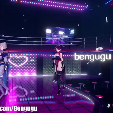 genshin impact, mikumikudance, beidou (genshin impact), jean gunnhildr, bengugu, 2girls, areola, dancing, dark-skinned male, group, large ass, large breasts, large penis, light-skinned female, light skin