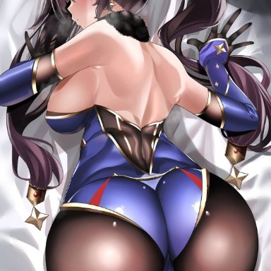 genshin impact, mona (genshin impact), keishi surota, 1girls, alternate breast size, ass, ass focus, ass shot, back, back view, backboob, bending over, bent over, black hair, blush