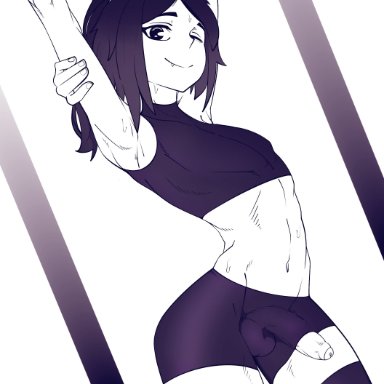 bro aniki, balls, erection, femboy, girly, one eye closed, peeking out, penis, skin tight, smile, sportswear, stretching, sweat, monochrome