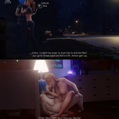 life is strange, chloe price, rachel amber, dinoboy555, 2girls, areolae, breasts, female, female only, human, kissing, nipples, nude, pale skin, pussy