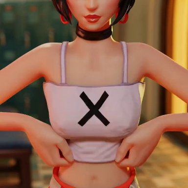 fortnite, evie (fortnite), pleasethisworks, 1girls, big breasts, black hair, bouncing breasts, breast squeeze, breasts, breasts out, clothed, clothing, earrings, female, female focus