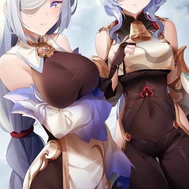 genshin impact, ganyu (genshin impact), ganyu (genshin impact) (cosplay), shenhe (genshin impact), rimuu, 2girls, blue eyes, blue hair, blush, bodystocking, breast size difference, breasts, clothed, clothed female, clothes swap