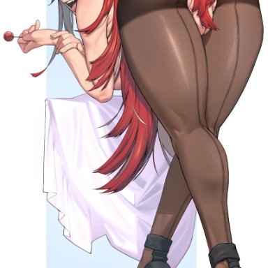 guilty gear, guilty gear strive, guilty gear xrd, jack-o' valentine, rat huang, ass, bent over, black footwear, breasts, brown legwear, candy, colored inner hair, colored shoe soles, crotchless, crotchless pantyhose