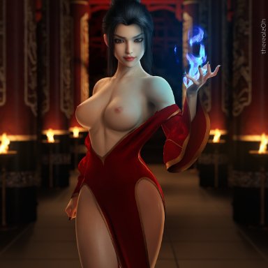 avatar the last airbender, azula, therealzoh, 1girls, background, big breasts, black hair, black nail polish, black nails, breasts, clothing, dress, female, female only, fire