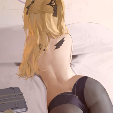 genshin impact, fischl (genshin impact), midfinger22, back, blonde hair, genitals, long hair, lying, panties, posterior cleavage, solo, topless, twintails