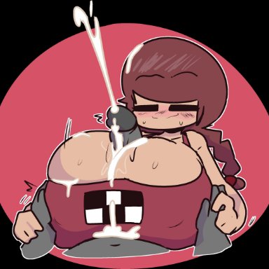 yume nikki, madotsuki, p-con, 1boy, 1girls, big breasts, big penis, blush, boobjob, braids, breast grab, breast hold, breasts, brown hair, cleavage