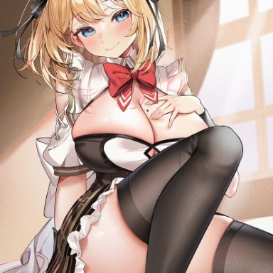 hololive, hololive english, watson amelia, machi (7769), alternate breast size, alternate costume, bangs, big ass, big breasts, black legwear, black ribbon, blonde hair, blue eyes, blush, bow