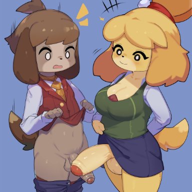 animal crossing, nintendo, digby (animal crossing), isabelle (animal crossing), honeycalamari, anthro, balls, bottomwear, bottomwear down, breasts, brother, brother and sister, canid, canine, canis